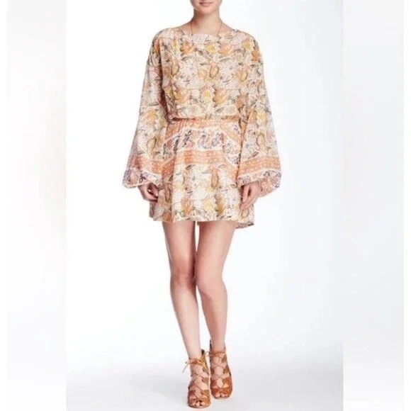 Free People Mini Pocket Dress Sun Ruffle Printed Long Sleeve Cut Out Back Button - Picture 2 of 12